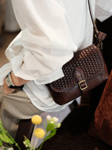 Vintage Woven Leather Crossbody Bag for Women Small Genuine Cowhide Shoulder Bag Best
