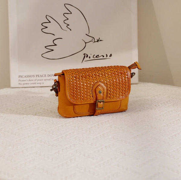 Vintage Woven Leather Crossbody Bag for Women Small Genuine Cowhide Shoulder Bag Classic
