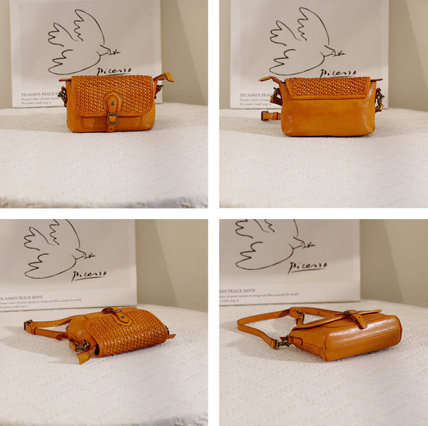 Vintage Woven Leather Crossbody Bag for Women Small Genuine Cowhide Shoulder Bag Classy