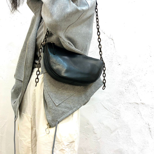 Women's Chest Bag Black Leather Sling with Chain Strap Accessories