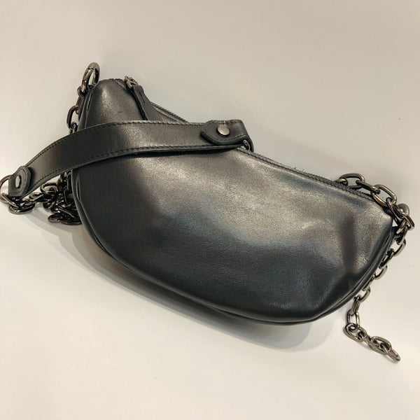 Women's Chest Bag Black Leather Sling with Chain Strap Classic
