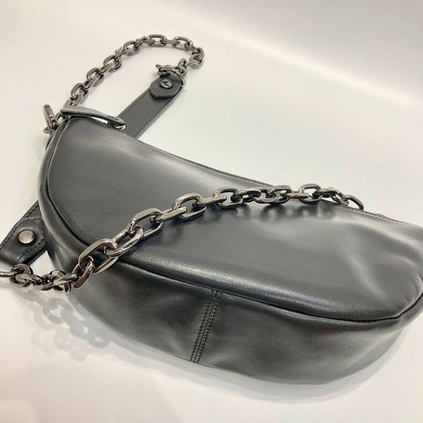 Women's Chest Bag Black Leather Sling with Chain Strap Classy