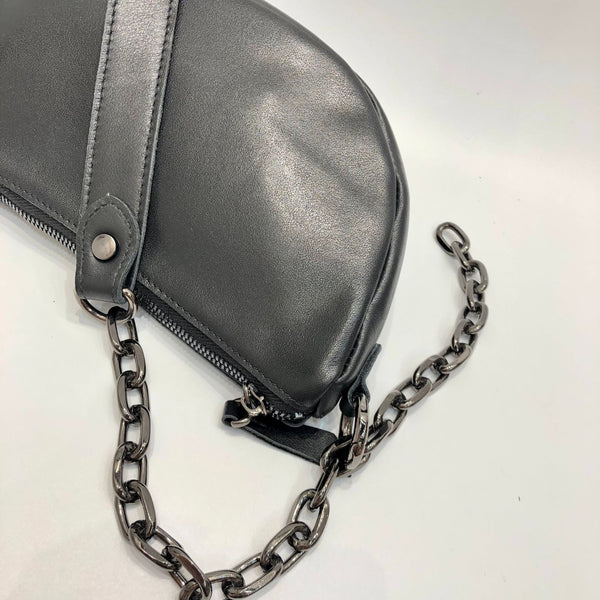 Women's Chest Bag Black Leather Sling with Chain Strap Cool