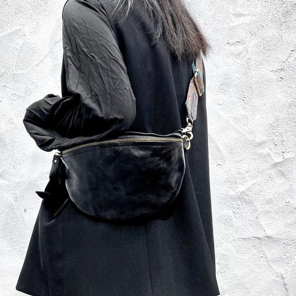 Women's Leather Chest Sling Bag with Boho Shoulder Strap Design Black