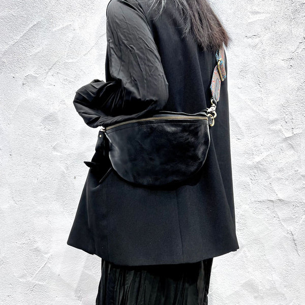 Women's Leather Chest Sling Bag with Boho Shoulder Strap Design Black
