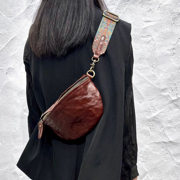 Women's Leather Chest Sling Bag with Boho Shoulder Strap Design Casual