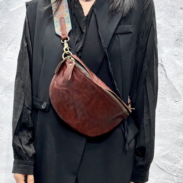 Women's Leather Chest Sling Bag with Boho Shoulder Strap Design