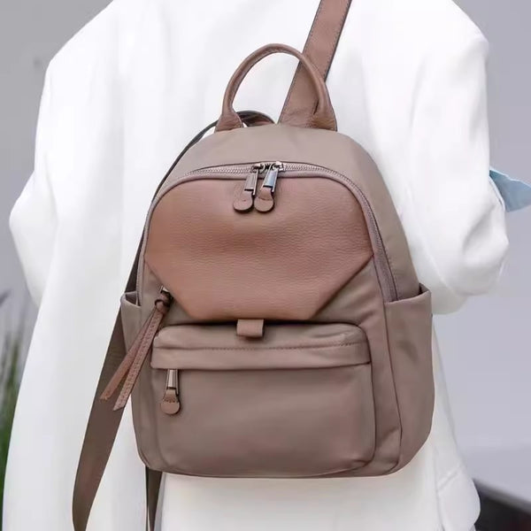 Women’s Lightweight Leather and Nylon Backpack Stylish Waterproof Daypack for Work and Travel Beautiful