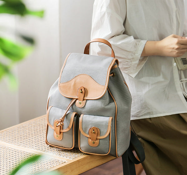 Women's Nylon Backpack Bag With Leather Accessories Small Rucksack For Women Cool