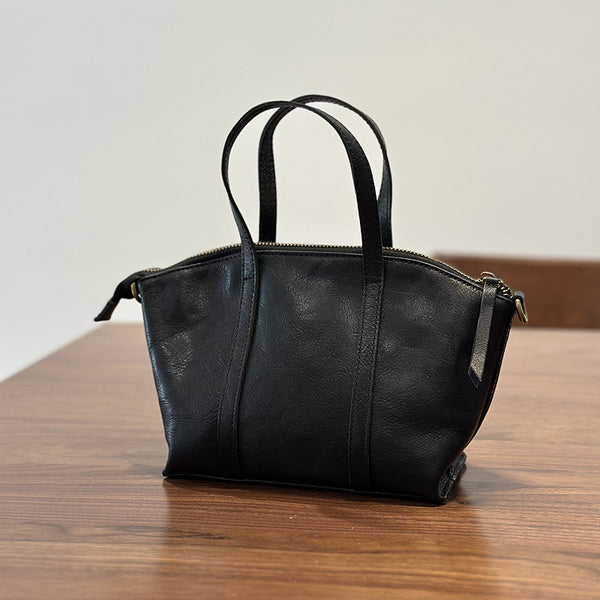 Women's Small Genuine Leather Handbag Top Handle and Crossbody Purse with Zipper Compartments Black