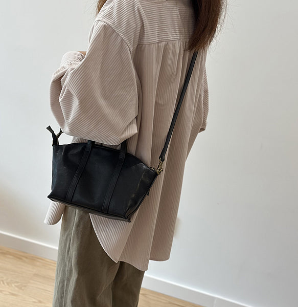 Classic Black Leather Mini Tote-Women's Top Handle and Crossbody Shoulder Bag