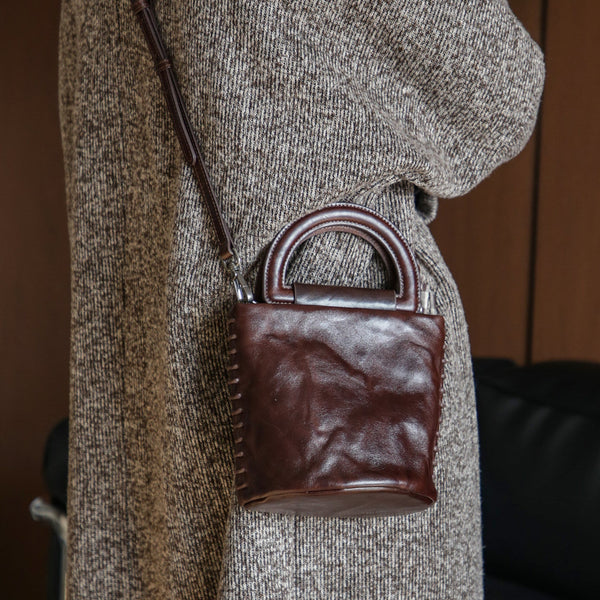 Women’s Small Vintage Leather Bucket Bag with Top Handle and Crossbody Strap Brown