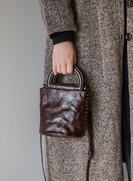 Women’s Small Vintage Leather Bucket Bag with Top Handle and Crossbody Strap Bag