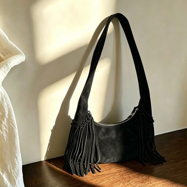 Women's Suede and Matte Leather Shoulder Bag Fringe Hobo Bag Beautiful