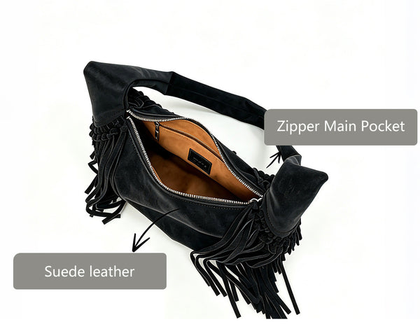 Women's Suede and Matte Leather Shoulder Bag Fringe Hobo Bag Capacity