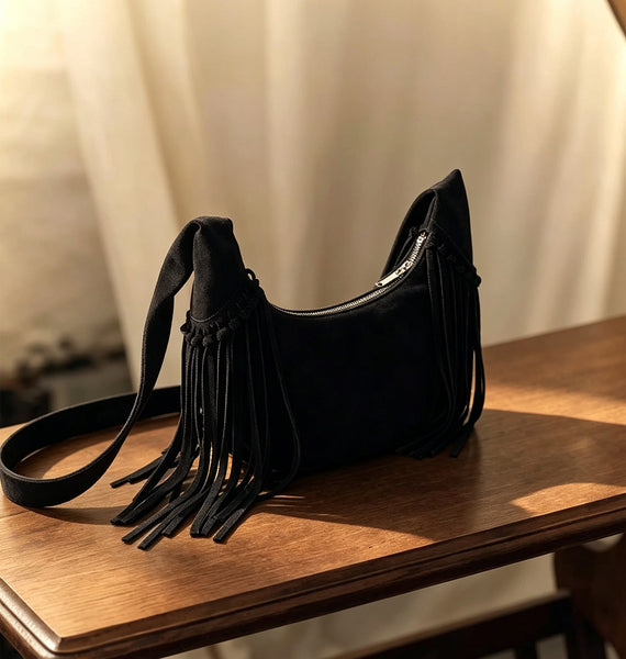 Women's Suede and Matte Leather Shoulder Bag Fringe Hobo Bag