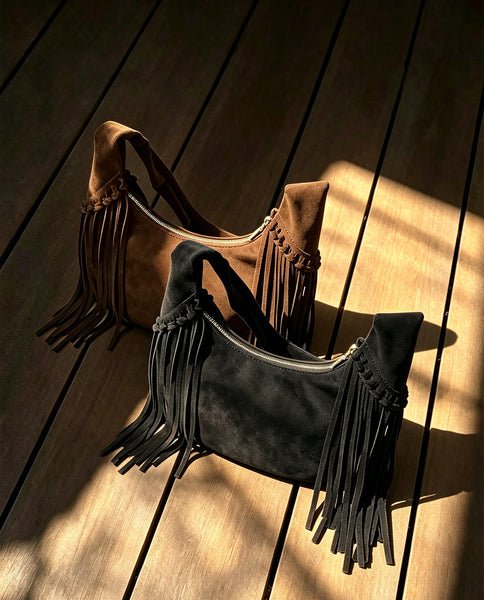 Women's Suede and Matte Leather Shoulder Bag Fringe Hobo Bag Durable