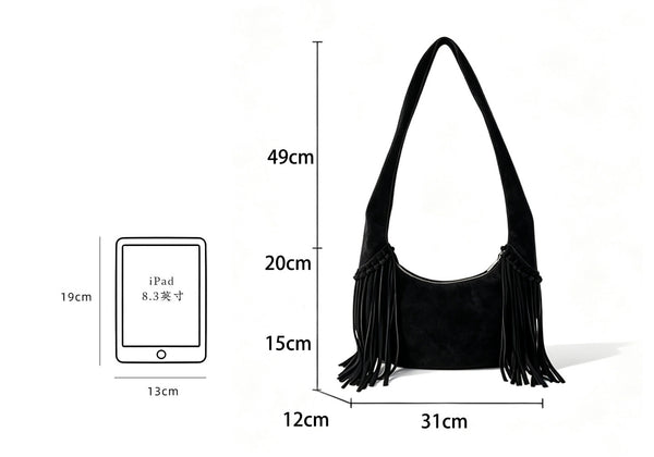 Women's Suede and Matte Leather Shoulder Bag Fringe Hobo Bag Small