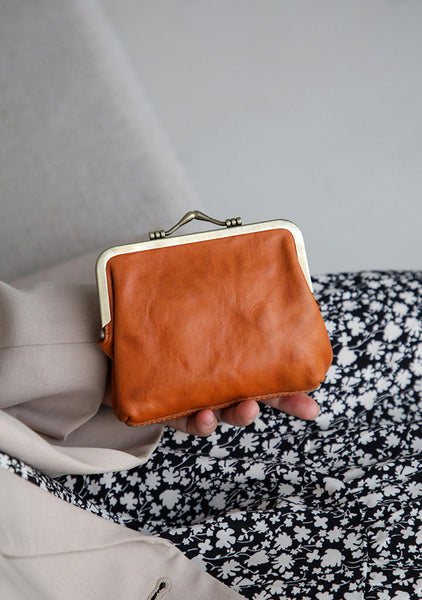 Women's Vintage Leather Kiss Lock Coin Purse Mini Wallet