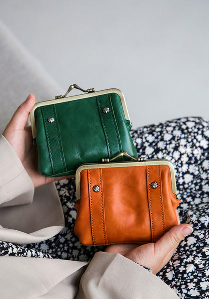 Women's Vintage Leather Kiss Lock Coin Purse Mini Wallet Casual