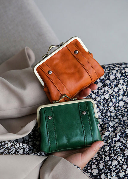 Women's Vintage Leather Kiss Lock Coin Purse Mini Wallet Chic
