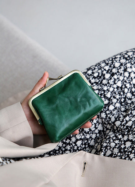 Women's Vintage Leather Kiss Lock Coin Purse Mini Wallet Classy