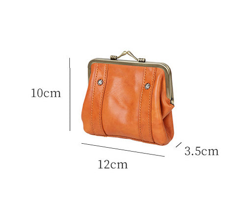 Women's Vintage Leather Kiss Lock Coin Purse Mini Wallet Size