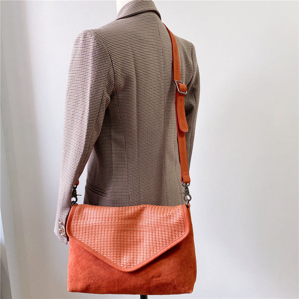 Women's Woven Bag Leather Crossbody Satchel Purse Leather Shoulder Bag Casual