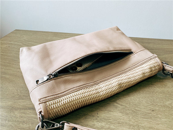 Women's Woven Bag Leather Crossbody Satchel Purse Leather Shoulder Bag Front