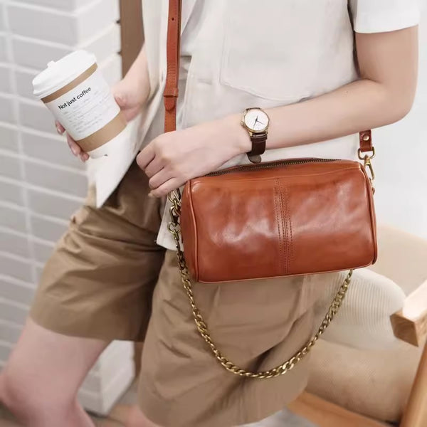 Womens Barrel Bag With Chain Leather Over The Shoulder Bag Crossbody Bags For Women Badass