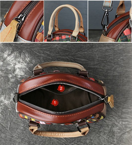 Womens Boho Handwoven Leather Handbag Genuine Leather Top Handle Shoulder Bag Capacity