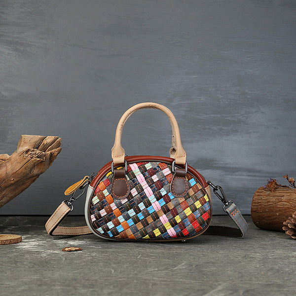 Womens Boho Handwoven Leather Handbag Genuine Leather Top Handle Shoulder Bag Chic