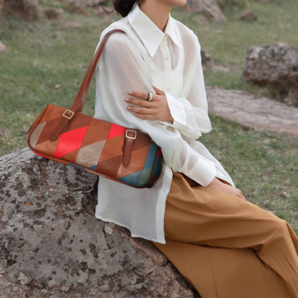 Womens Boho Patchwork Genuine Leather Shoulder Bag Vintage Handbag Underarm Purse For Women