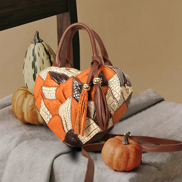 Womens Boho Patchwork Heart-Shaped Leather Handbag Genuine Leather Crossbody Bag for Women Affordable