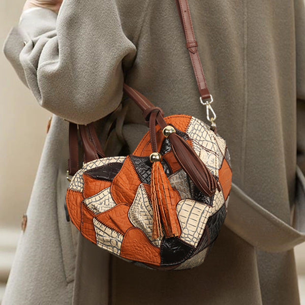 Womens Boho Patchwork Heart-Shaped Leather Handbag Genuine Leather Crossbody Bag for Women Badass