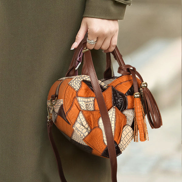 Womens Boho Patchwork Heart-Shaped Leather Handbag Genuine Leather Crossbody Bag for Women