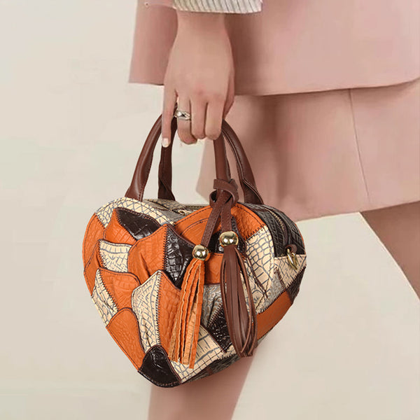 Womens Boho Patchwork Heart-Shaped Leather Handbag Genuine Leather Crossbody Bag for Women Brown