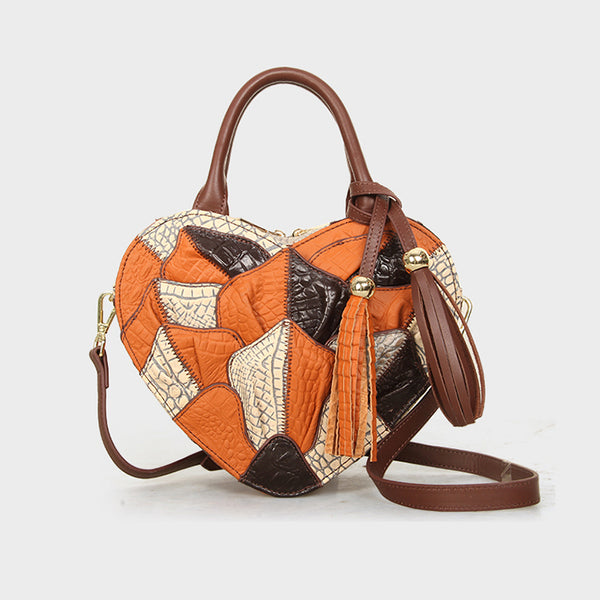 Womens Boho Patchwork Heart-Shaped Leather Handbag Genuine Leather Crossbody Bag for Women Casual