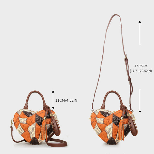 Womens Boho Patchwork Heart-Shaped Leather Handbag Genuine Leather Crossbody Bag for Women Classic