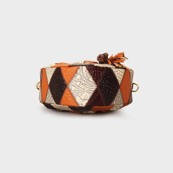 Womens Boho Patchwork Heart-Shaped Leather Handbag Genuine Leather Crossbody Bag for Women Cowhide