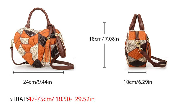 Womens Boho Patchwork Heart-Shaped Leather Handbag Genuine Leather Crossbody Bag for Women Cute
