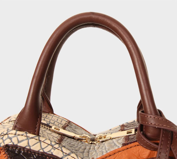 Womens Boho Patchwork Heart-Shaped Leather Handbag Genuine Leather Crossbody Bag for Women Gift-idea