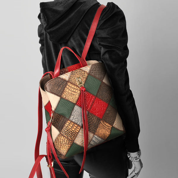 Womens Boho Patchwork Leather Backpack Purse with Tassel Genuine Cowhide Backpack Bag Affordable