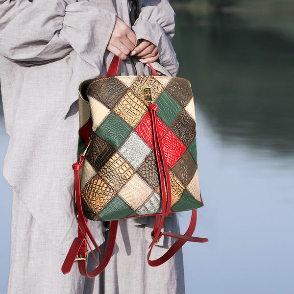 Womens Boho Patchwork Leather Backpack Purse with Tassel Genuine Cowhide Backpack Bag