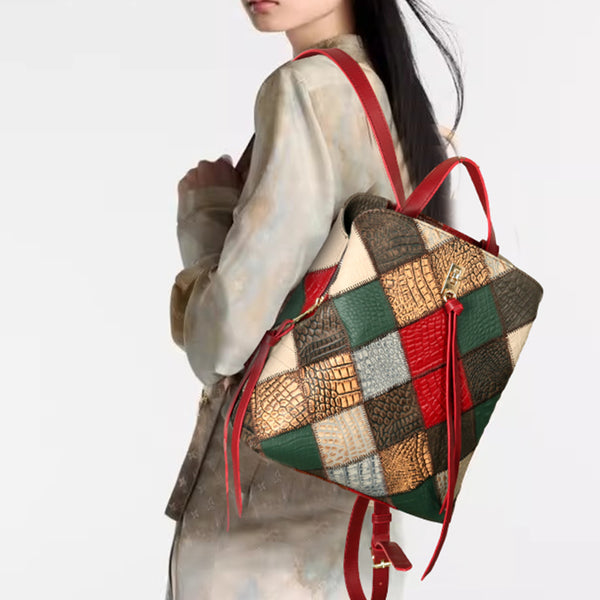 Womens Boho Patchwork Leather Backpack Purse with Tassel Genuine Cowhide Backpack Bag Casual