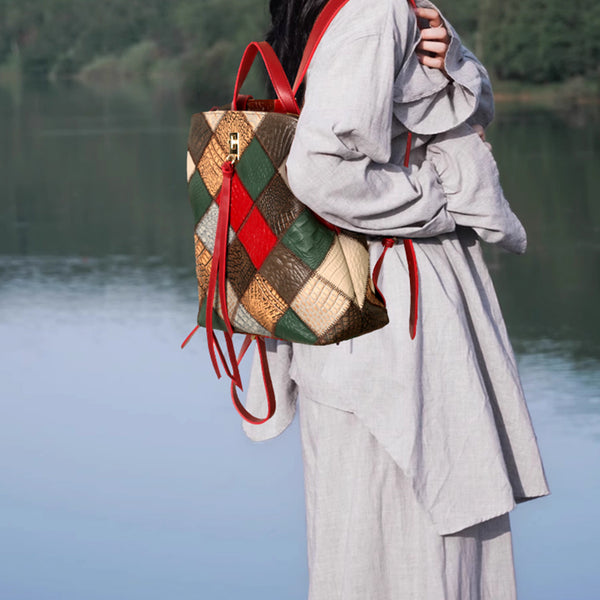 Womens Boho Patchwork Leather Backpack Purse with Tassel Genuine Cowhide Backpack Bag Chic