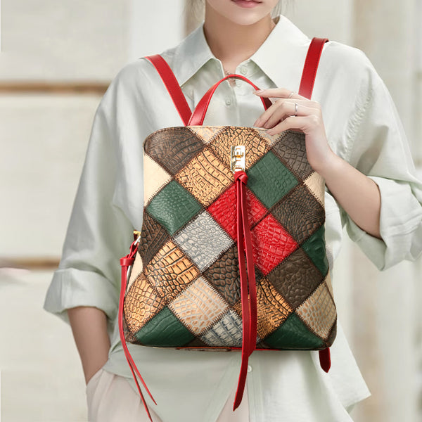 Womens Boho Patchwork Leather Backpack Purse with Tassel Genuine Cowhide Backpack Bag Classic