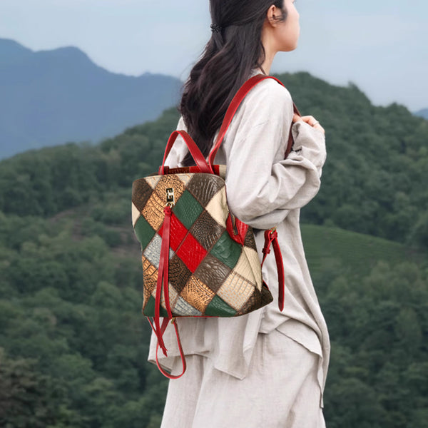 Womens Boho Patchwork Leather Backpack Purse with Tassel Genuine Cowhide Backpack Bag