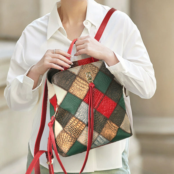 Womens Boho Patchwork Leather Backpack Purse with Tassel Genuine Cowhide Backpack Bag Cool