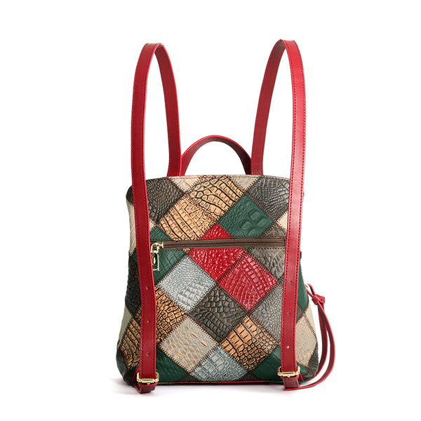 Womens Boho Patchwork Leather Backpack Purse with Tassel Genuine Cowhide Backpack Bag Cowhide